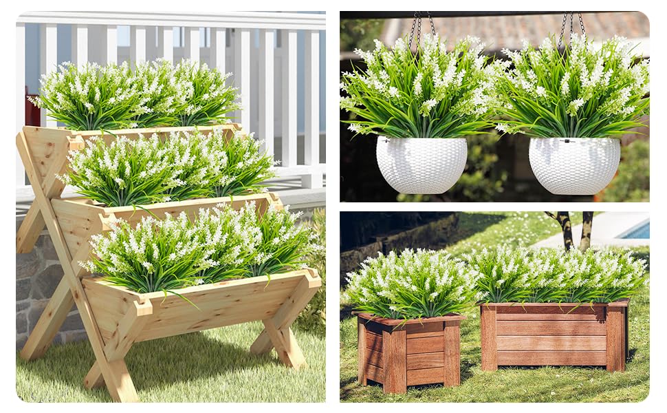 obbsie 36 Bundles Artificial Plants Outdoor, 18.2" UV Resistant Faux Monkey Grass Greenery Stems No Fade Faux Plastic Flowers Shrubs for Home Weddings Garden Porch Front Patio Office Decor- White - color: White, size: 36 Pcs