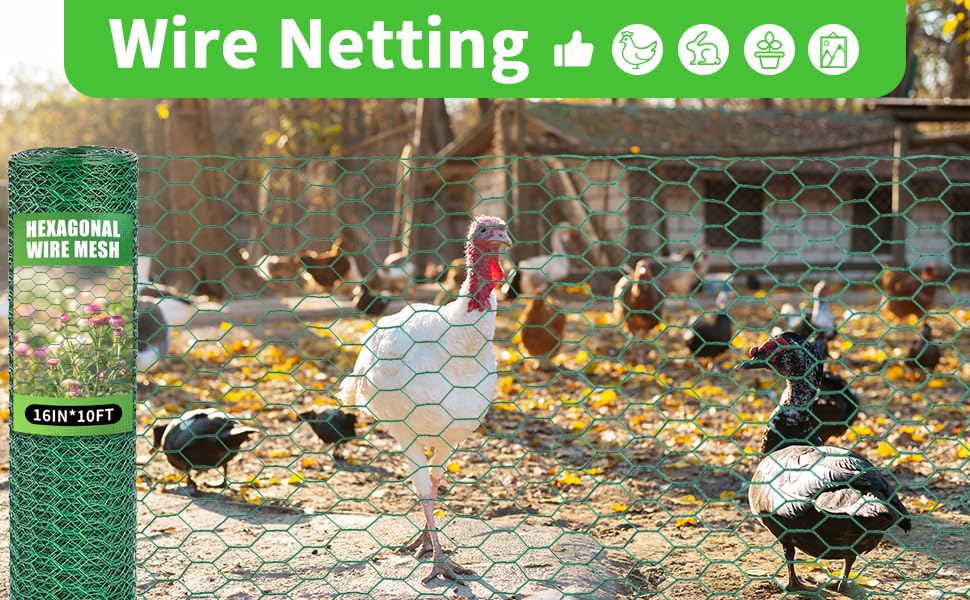 16 x 120 Inches Chicken Wire for Floral Arrangements, Green Chicken Wire, Hexagonal Galvanized Wire Mesh for Poultry Barrier, Flower Arrangement, Crafts and Garden, Green - color: Green, size: 16 x 120 Inches
