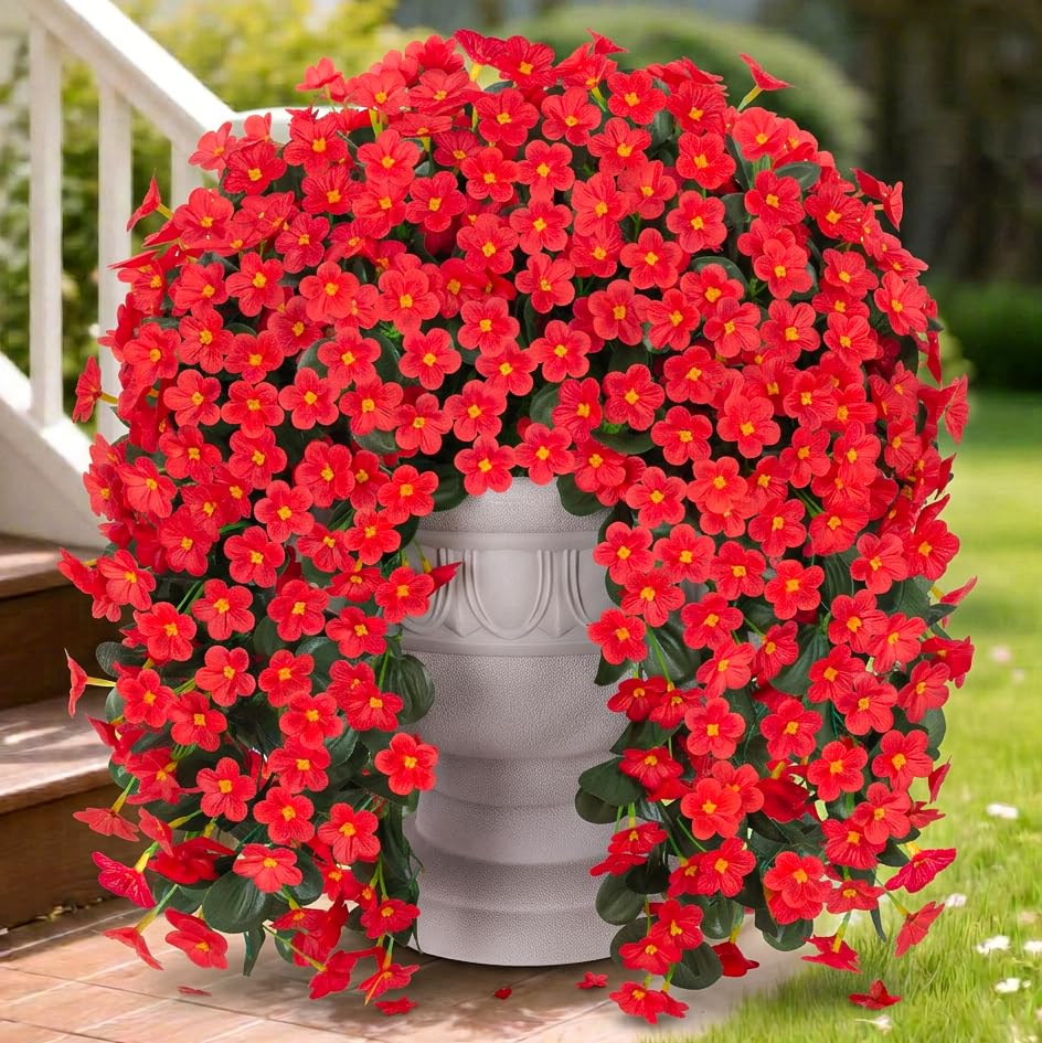 HyeFlora Artificial Fake Hanging Plants Flowers for Outdoor Outside Spring Decoration, 2 PCS Faux Silk Daisy Red Orchid Vines UV Resistant Realistic for Home Indoor Porch Patio Balcony - color: Red