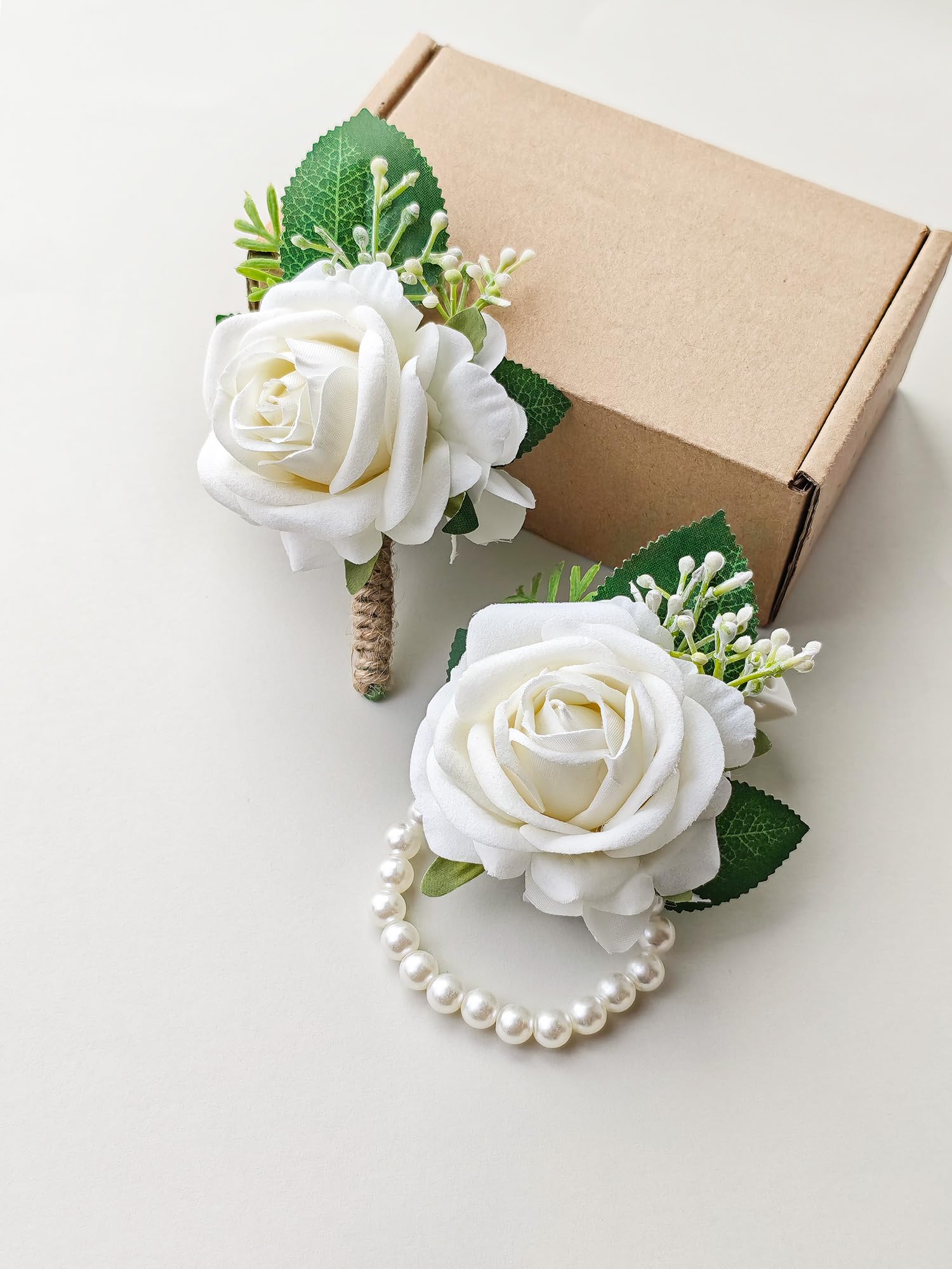 Ivory Rose Corsage and Boutonniere Set Wristlet Corsage for Bride Bridesmaids, Boutonniere for Groom Groomsmen Prom Wedding Flowers Accessories,Homecoming, Anniversary, Graduation (Ivory) - color: Ivory