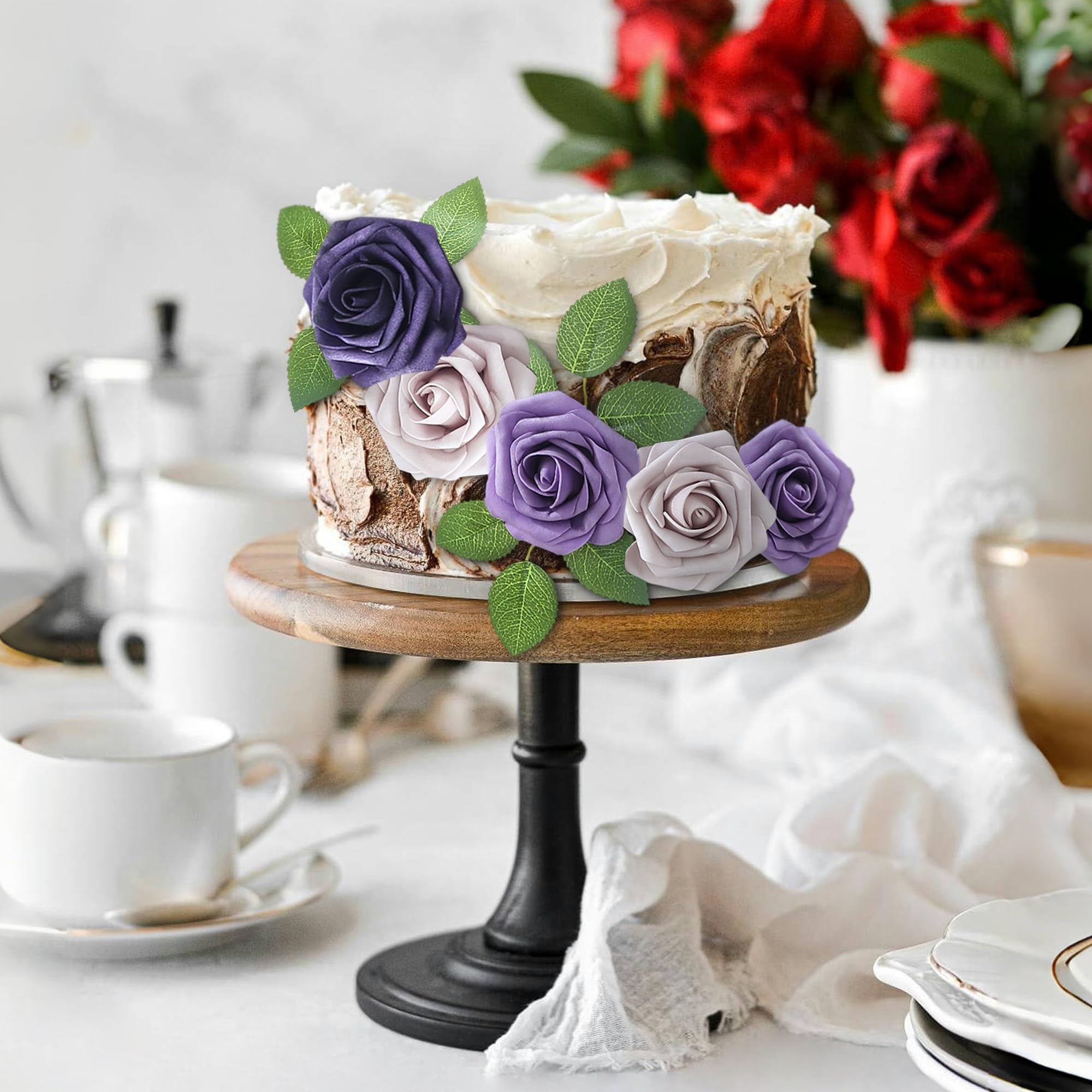 SITUMEIZI Purple Artificial Flowers Purple Fake Rose Foam Purple Roses with Stems for DIY DIY Wedding Flowers Bridal Shower Table Centerpieces Party Decor Christmas Tree 25Pcs - color: Purple-white