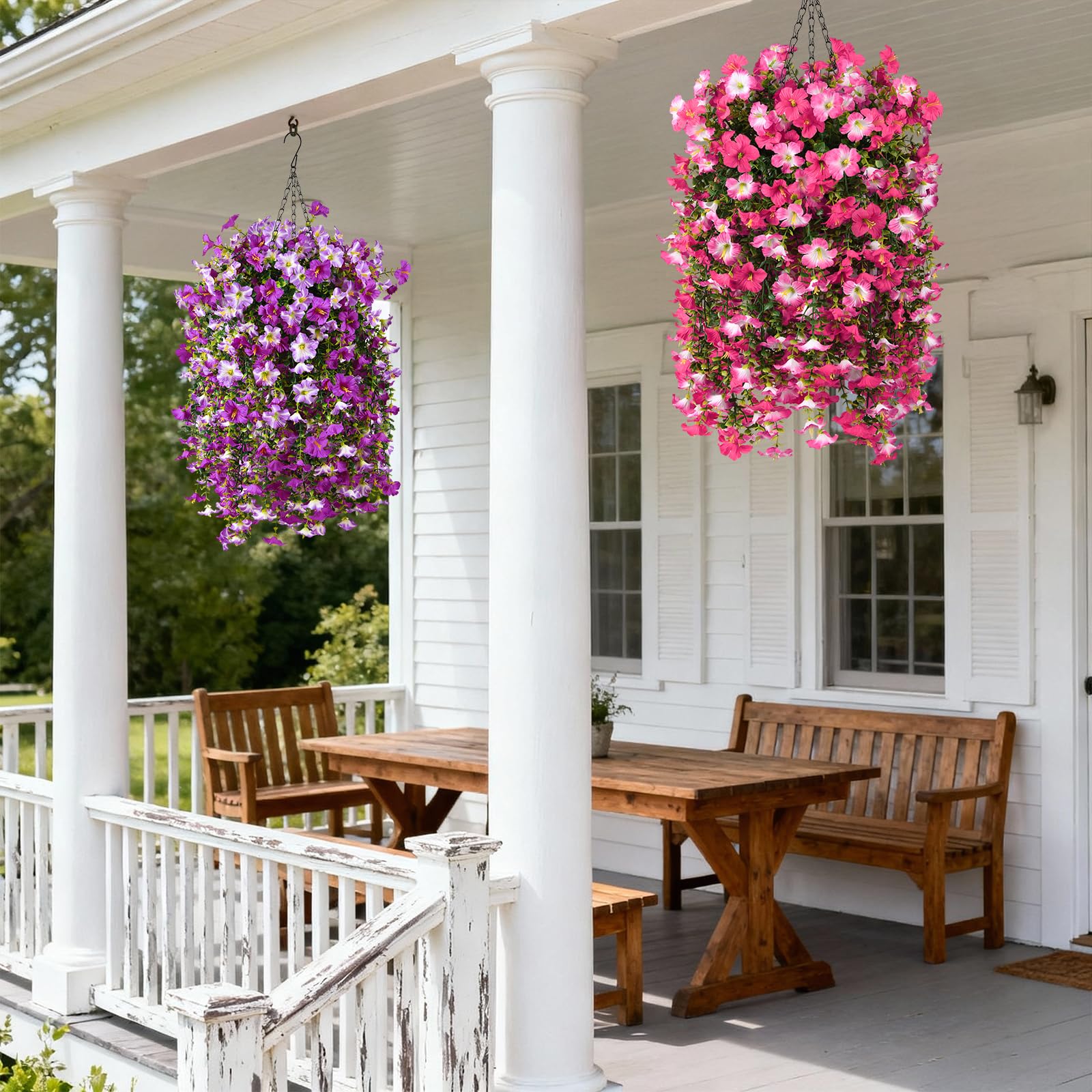 Artificial Fake Flowers Plants for Outdoor Spring Summer Decoration,2 PCS Faux Silk Morning Glory with Eucalyptus Leaves,UV Resistant Realistic Outdoor Flowers for Balcony Porch Patio Yard Garden - color: Rose Red Pink